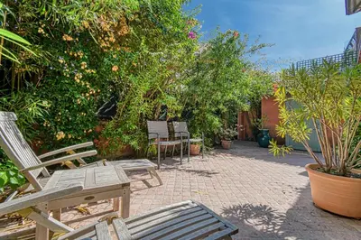 a patio with chairs and trees and plants at L'ORANGER maison pittoresque et confortable proche des plages, Croisette et centre-ville in Cannes