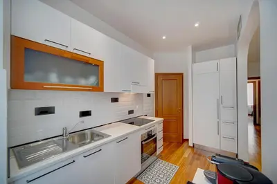 a kitchen with a sink and a tv on the wall at Charmant 3 pièces rue d'Antibes in Cannes