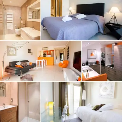 a collage of pictures of a bedroom and a bathroom at Modern two bedroom apartment with two bathrooms, just behind the CARLTON in Cannes