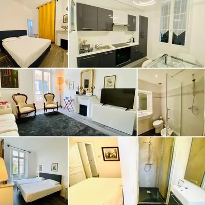 a collage of photos of a hotel room at Cozy 2 bedroom apartment in the centre of Cannes near the CROISETTE in Cannes