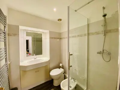 a bathroom with a toilet and a sink and a shower at Cozy 2 bedroom apartment in the centre of Cannes near the CROISETTE in Cannes