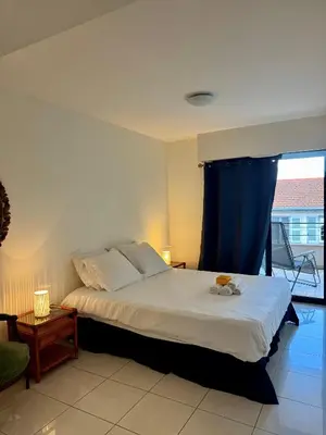 a bedroom with a bed with a blue curtain at Spacious Luxury apt, 12 min walk to Croisette beach and Conf Centre in Cannes