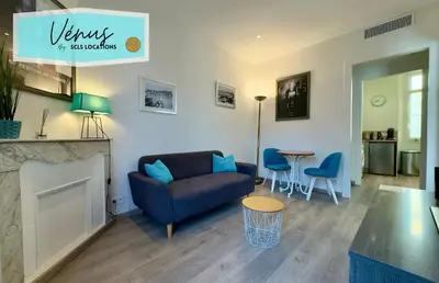 a living room with a couch and a fireplace at Vénus By SCLS Locations in Cannes