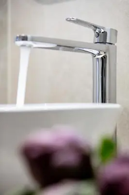 a close up of a chrome bathroom faucet with purple flowers at Near Croisette- 4 Star Studio -SeaView in Cannes