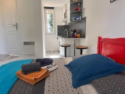 a bedroom with a bed with blue pillows and a kitchen at Studio and gallery in Cannes
