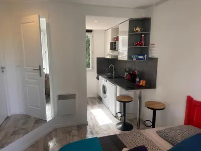 a small kitchen with a sink and a counter at Studio and gallery in Cannes
