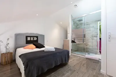 a bedroom with a bed and a walk in shower at Atelier Duplex in Cannes