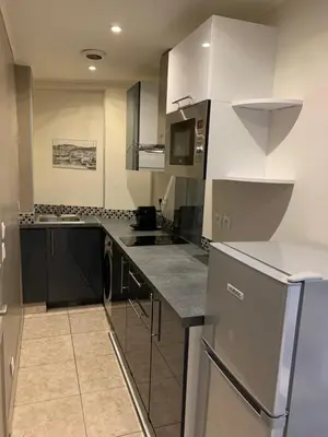 a kitchen with stainless steel appliances and black and white cabinets at Cosy apartment + secured PARKING in Cannes