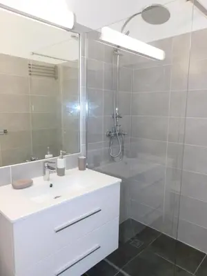 a bathroom with a white sink and a shower at Lovely 1 Bedroom Boulevard de la Croisette in Cannes