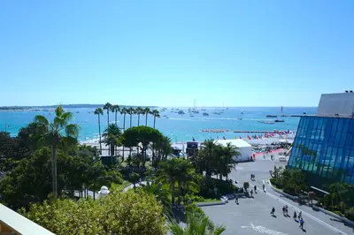 a view of a beach with palm trees and the ocean at Cannes - Croisette - Palais des Festivals in Cannes