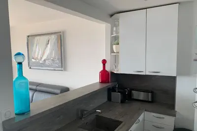 a kitchen with a sink and a blue bottle on a counter at Cannes - Croisette - Palais des Festivals in Cannes