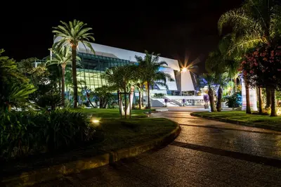 a street with palm trees and a building at night at Cannes - Croisette - Palais des Festivals in Cannes