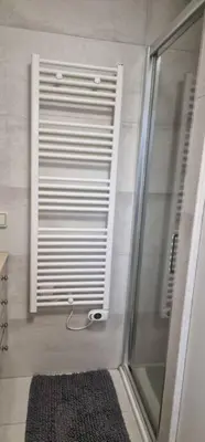 a shower with a glass door and a rug in a bathroom at Le Castille - à deux pas des plages in Cannes