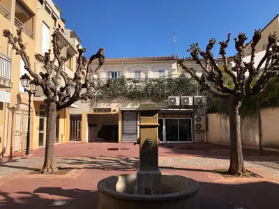 a fountain in the middle of a courtyard with trees at LE BAIN DE SOLEIL luxury 2 bedrooms Cannes centre in Cannes