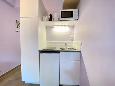a small kitchen with a sink and a microwave at Gallia Bella By SCLS Locations in Cannes