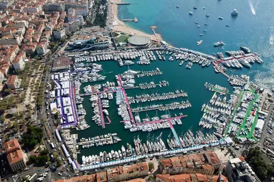 an aerial view of a harbor filled with boats at Romantic and new apartment in the famous Rue Meynadier in the supercentre of Cannes in Cannes