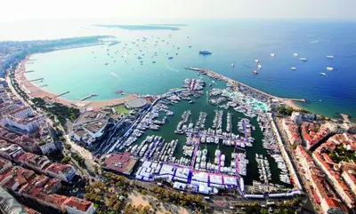 an aerial view of a harbor with boats in the water at Beautiful and cozy apartment in the heart of Cannes in Cannes
