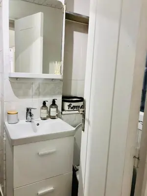 a white bathroom with a sink and a mirror at Cannes 78 rue meynadier plage, Mipim Festival 3 minutes à pieds in Cannes