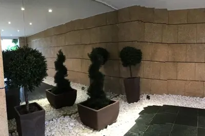 a wall with three potted plants and a stone wall at Studio 