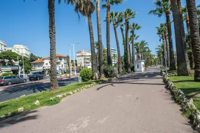 a street with palm trees on the side of a road at Art Deco Luxury Apartment with Breath Taking View on Cannes Bay by Olidesi in Cannes