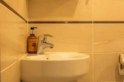 a sink in a bathroom with a bottle of soap at Palm Beach - swimming pool - beach at few steps in Cannes