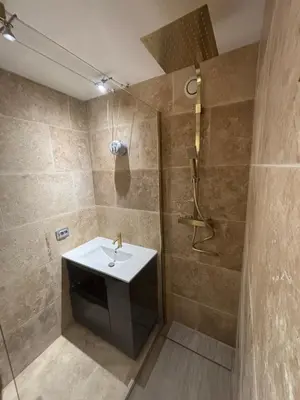 a bathroom with a sink and a shower at Magnifique appartement pied dans l'eau in Cannes