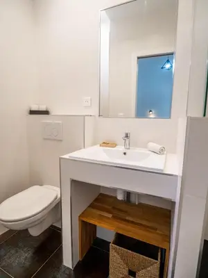 a bathroom with a white sink and a toilet at Grand appartement 4 pièces centre de Cannes in Cannes