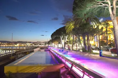 a boardwalk with palm trees and purple lights at Appartement Suquet Forville in Cannes