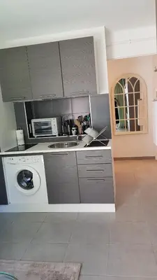 a kitchen with a sink and a washing machine at Studio Center Cannes grande Terasse in Cannes