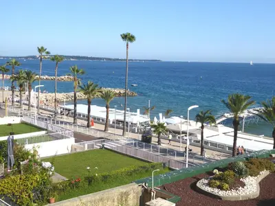 a view of a beach with palm trees and the ocean at Résidence Saint Rémy 2 in Cannes