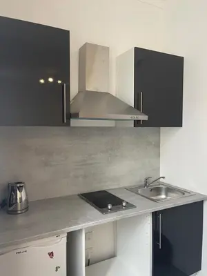 a kitchen with black and white cabinets and a sink at Studios des Congrès et Festivals in Cannes