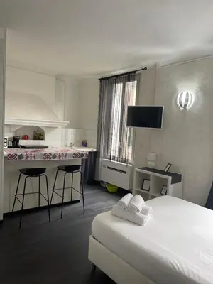 a hotel room with a bed and a kitchen at Studios des Congrès et Festivals in Cannes