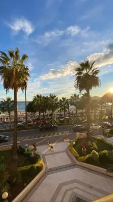 a view of a parking lot with palm trees at Appartement Relais de la Reine Cannes Croisette in Cannes