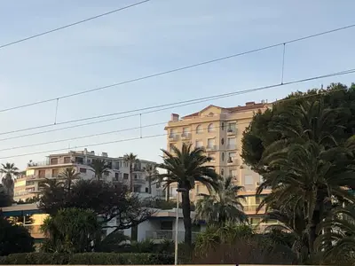 a large building with palm trees in front of it at Cannes Les Pins in Cannes