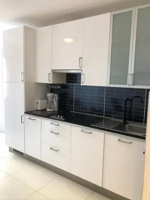 a white kitchen with a sink and white cabinets at Cannes Les Pins in Cannes