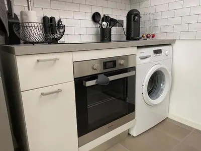 a kitchen with a washer and a washing machine at Apartment Palm Beach with a nice swimming pool in Cannes