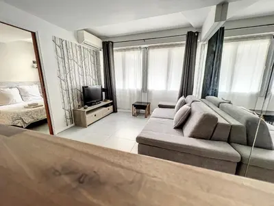 a living room with a couch and a television at Superbe 2 pièces au calme absolu in Cannes