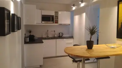 a kitchen with a wooden table and a dining room at Cocoon in Cannes ***** in Cannes