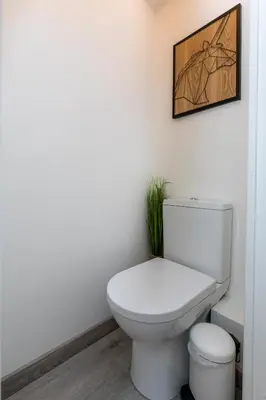 a bathroom with a toilet and a picture on the wall at Duplex : Plage 300m, Clim, Netflix in Cannes