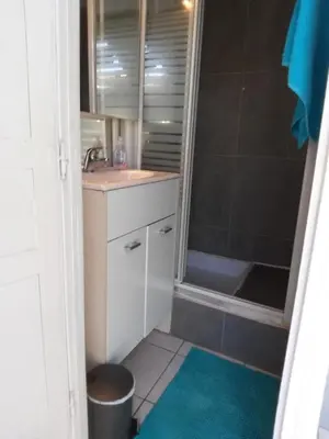 a small bathroom with a sink and a shower at Gatsby Cannes Croisette in Cannes