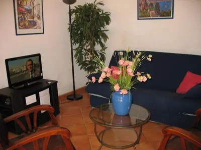 a living room with a blue couch and a table with flowers at Appartement de charme wi-fi ,clim, garage jardin privés, piscine environnement arboré in Cannes