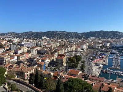 an aerial view of a city with a harbor at Centre Ville Calme Festivales Plages in Cannes
