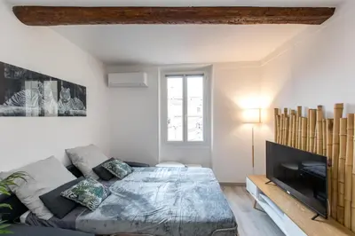a living room with a bed and a tv at Le Forville : 400m Palais, Calme, Clim in Cannes