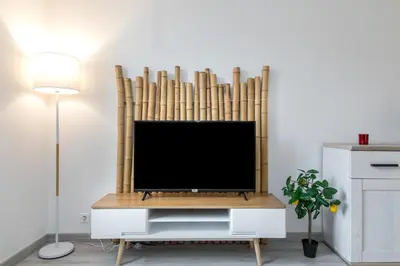 a flat screen tv sitting on top of a tv stand at Le Forville : 400m Palais, Calme, Clim in Cannes