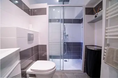 a bathroom with a toilet and a glass shower at Ô Station Cannes Apartment in Cannes