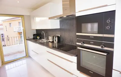 a kitchen with a stove and a microwave at Ref LEM4 - Palmes d'Or Properties in Cannes
