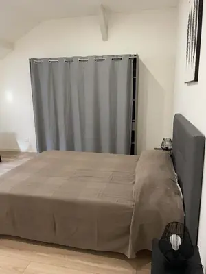 a large bed in a room with a gray curtain at Résidence Delattre in Cannes