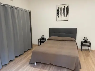 a bedroom with a bed with gray drapes at Résidence Delattre in Cannes