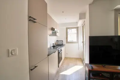 a small kitchen with a sink and a stove at MAR2 - Beau 2 pièces avec loggia fermée et aménagée en centre ville in Cannes