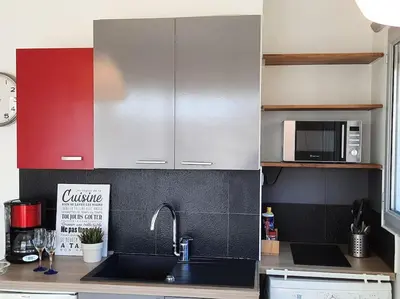 a kitchen with a sink and a microwave at Studio Croix des Gardes Palais Plages in Cannes